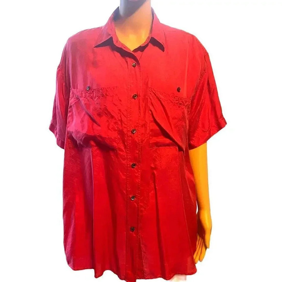 Vintage Y2K 100% Silk Andrew Sport Buttons down Red Shirt Women Size M Pockets - Picture 1 of 5
